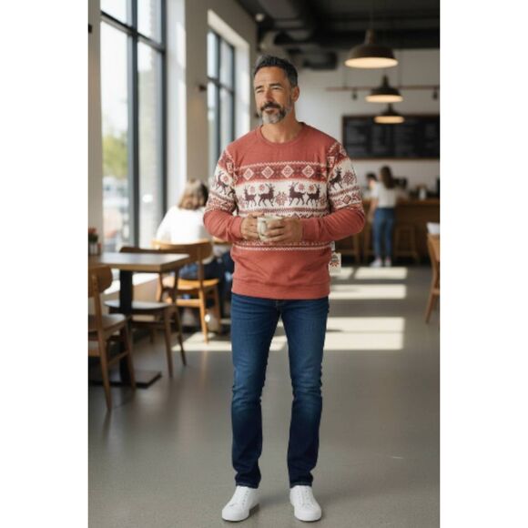 P.J. Salvage Men’s Fair Isle Soft Lightweight Reindeer Sweater – Rust Red – Size - Picture 1 of 9